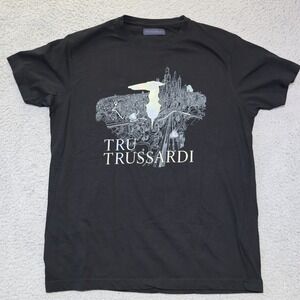 Tru Trussardi Mens XL Black Graphic Cityscape Logo T-Shirt Short Sleeve Cotton